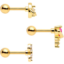 Load image into Gallery viewer, 16G 1/4 Clear CZ Gem Gold Tone Moon Cartilage Tragus Set of 3
