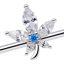 Load image into Gallery viewer, 14G Clear Blue CZ Gem Marijuana Leaf Industrial Barbell 38mm
