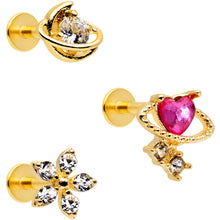 Load image into Gallery viewer, 16G 5/16 Clear CZ Gem Gold Tone Moon Labret Tragus Set of 3
