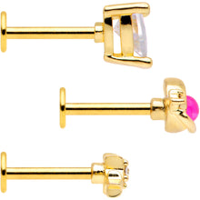 Load image into Gallery viewer, 16G 5/16 Pink Faux Opal Gold Tone Heart Labret Tragus Set of 3
