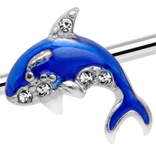 Load image into Gallery viewer, 14G Clear Gem Sea Bling Blue Orca Whale Industrial Barbell 38mm
