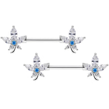 Load image into Gallery viewer, 14G 9/16 Clear Blue CZ Gem Marijuana Leaf Barbell Nipple Ring Set
