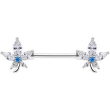 Load image into Gallery viewer, 14G 9/16 Clear Blue CZ Gem Marijuana Leaf Barbell Nipple Ring Set
