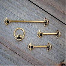 Load image into Gallery viewer, 14G 9/16 Black Gem Gold Tone Bee Spider Barbell Nipple Ring Set
