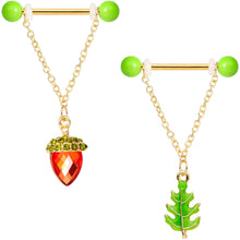 Load image into Gallery viewer, 14G 9/16 Red Green Gem Oak Leaf Acorn Barbell Nipple Ring Set

