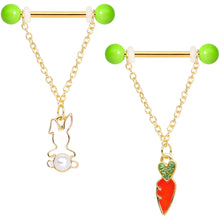 Load image into Gallery viewer, 14G 9/16 Green Gem Gold Tone Bunny Dangle Barbell Nipple Ring Set
