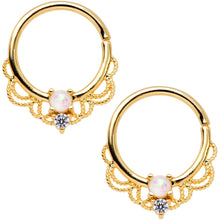 Load image into Gallery viewer, 14G 9/16 White Faux Opal Gold Tone Lacy Nipple Clicker Set
