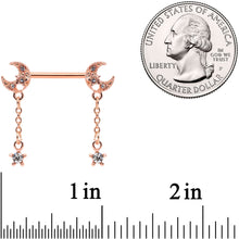 Load image into Gallery viewer, 14G 9/16 Clear Gem Rose Gold Tone Moon Barbell Nipple Ring Set
