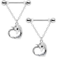 Load image into Gallery viewer, 14G 5/8 Clear Gem Unicorn Heart Dangle Barbell Nipple Ring Set
