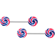 Load image into Gallery viewer, 14G 9/16 Red Blue Candy Swirl Barbell Nipple Ring Set
