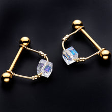 Load image into Gallery viewer, 14G 5/8 Clear Gem Gold Tone Cube Dangle Nipple Ring Set
