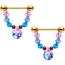 Load image into Gallery viewer, 14G 5/8 Blue Purple Gem Gold Tone Disc Nipple Ring Set
