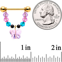 Load image into Gallery viewer, 14G 5/8 Pink Blue Gem Gold Tone Butterfly Dangle Barbell Nipple Ring Set
