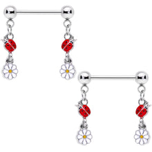 Load image into Gallery viewer, 14G 5/8 Red White Ladybug Flower Dangle Barbell Nipple Ring Set
