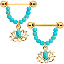 Load image into Gallery viewer, 14G 5/8 Faux Turquoise Gold Tone Lotus Flower Dangle Nipple Ring Set
