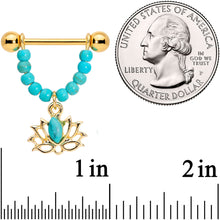 Load image into Gallery viewer, 14G 5/8 Faux Turquoise Gold Tone Lotus Flower Dangle Nipple Ring Set
