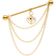 Load image into Gallery viewer, 14G Clear CZ Gem Gold Tone Heart Dangle Industrial Barbell 38mm
