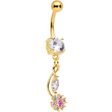 Load image into Gallery viewer, Clear Pink CZ Gem Gold Tone Twist Flower Dangle Belly Ring
