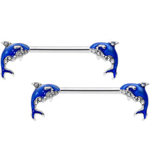 Load image into Gallery viewer, 14G 9/16 Clear Gem Sea Blue Orca Whale Barbell Nipple Ring Set
