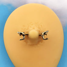 Load image into Gallery viewer, 14G 9/16 Clear Gem Gold Tone Toothy Shark Barbell Nipple Ring Set
