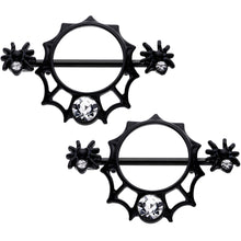 Load image into Gallery viewer, 14G 9/16 Clear Gem Black Spider Web Nipple Shield Set
