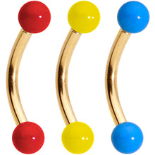 Load image into Gallery viewer, 16G 5/16 Red Yellow Blue Glow Gold Tone Curved Barbell Set of 3
