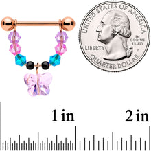 Load image into Gallery viewer, 14G Pink Gem Rose Gold Tone Butterfly Dangle Nipple Ring Set

