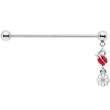Load image into Gallery viewer, 14G Red White Ladybug Flower Dangle Industrial Barbell 38mm
