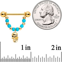 Load image into Gallery viewer, 14G 5/8 Faux Turquoise Gold Tone Skull Dangle Nipple Ring Set
