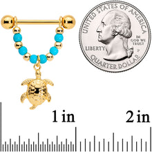 Load image into Gallery viewer, 14G 5/8 Faux Turquoise Gold Tone Sea Turtle Dangle Nipple Ring Set
