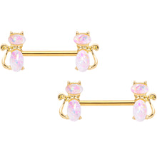 将图片加载到图库查看器，14G 9/16 White Faux Opal Gold Tone Cat Barbell Nipple Ring Set
