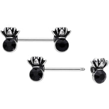 Load image into Gallery viewer, 14G 9/16 Black CZ Gem Lotus Flower Crown Barbell Nipple Ring Set
