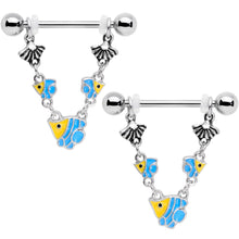 Load image into Gallery viewer, 14G 13/16 Blue Yellow Fish Shell Nautical Dangle Nipple Ring Set
