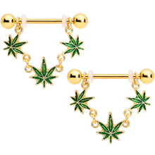 将图片加载到图库查看器，14G 3/4 Green Gold Tone Weed Pot Leaf Dangle Nipple Ring Set
