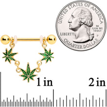将图片加载到图库查看器，14G 3/4 Green Gold Tone Weed Pot Leaf Dangle Nipple Ring Set

