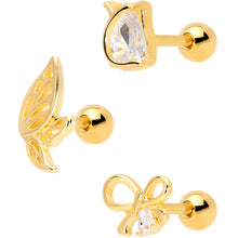 Load image into Gallery viewer, 16G 5/16 Clear CZ Gem Gold Tone Bow Cartilage Tragus Set of 3
