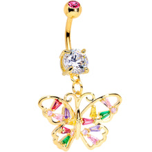 Load image into Gallery viewer, Green Pink Red CZ Gem Gold Tone Spring Butterfly Dangle Belly Ring
