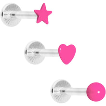 Load image into Gallery viewer, 16G 5/16 Pink Glow Star Heart Labret Set of 3
