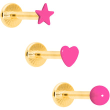 Load image into Gallery viewer, 16G 5/16 Gold Tone Pink Glow Star Heart Labret Set of 3
