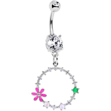 将图片加载到图库查看器，Clear CZ Gem Green Pink Faux Opal Loop Flower Dangle Belly Ring
