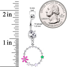 将图片加载到图库查看器，Clear CZ Gem Green Pink Faux Opal Loop Flower Dangle Belly Ring
