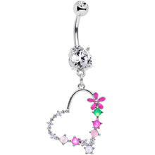 Load image into Gallery viewer, Clear CZ Gem Green White Faux Opal Flower Heart Dangle Belly Ring
