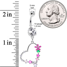 Load image into Gallery viewer, Clear CZ Gem Green White Faux Opal Flower Heart Dangle Belly Ring
