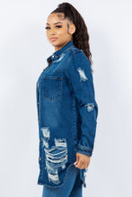 Load image into Gallery viewer, American Dark Blue Bazi Distressed Button Up Long Sleeve Jacket Trendy Buttoned Jacket with Distressed Finish for Women
