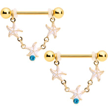 Load image into Gallery viewer, 14G 9/16 Blue Gem Gold Tone Starfish Dangle Nipple Ring Set
