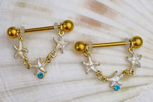Load image into Gallery viewer, 14G 9/16 Blue Gem Gold Tone Starfish Dangle Nipple Ring Set
