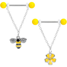 Load image into Gallery viewer, 14G 9/16 Black CZ Gem Yellow Flower Bee Dangle Nipple Ring Set
