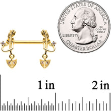 Load image into Gallery viewer, 14G 9/16 Clear CZ Gem Gold Tone Love Feather Barbell Nipple Ring Set

