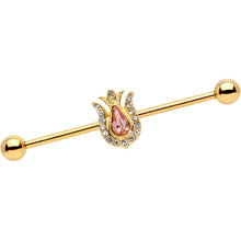 Load image into Gallery viewer, 14G Pink Clear Gem Gold Tone Tulip Flower Industrial Barbell 38mm
