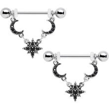 将图片加载到图库查看器，14G 9/16 Black Gem Crescent Moons Star Dangle Nipple Ring Set
